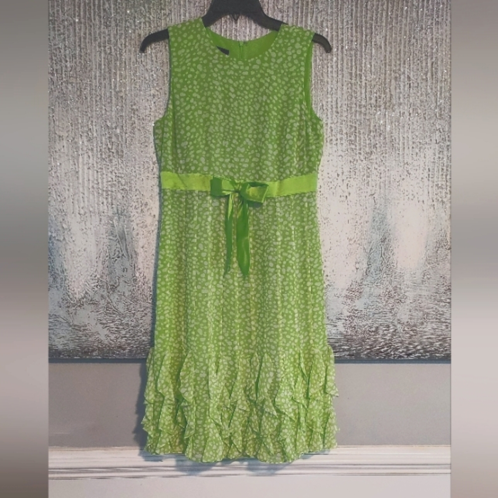 Cynthia Howie 100% Silk Green Polka-dot Sleeveless Dress with Bow Detail Sz-4